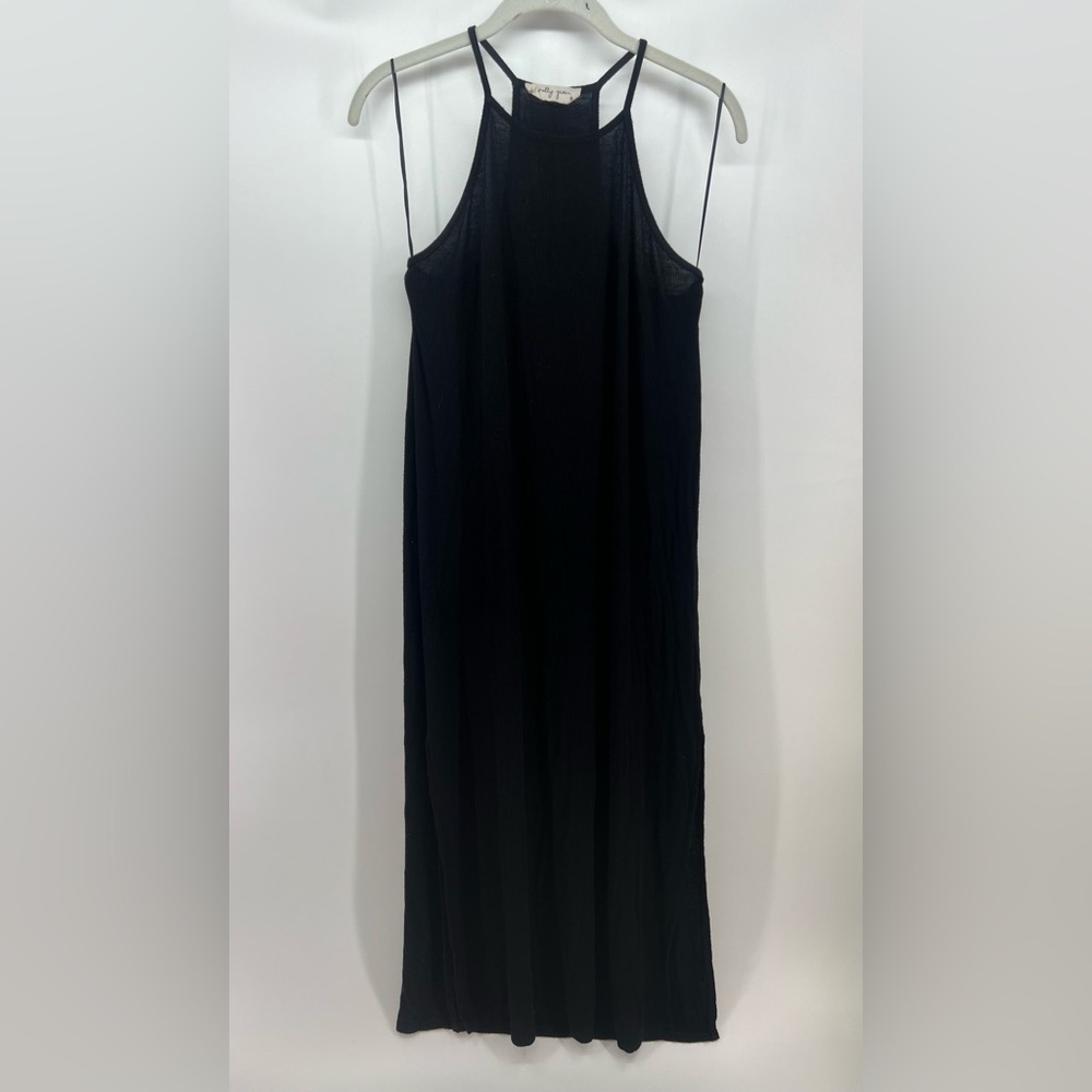 Molly Green Black Halter Strappy Midi Tank Dress with Side Slits Ribbed Medium - Picture 4 of 9
